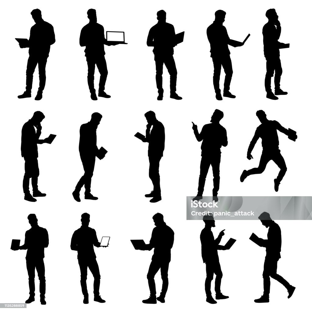 Set of working business man using laptop and tablet silhouettes Set of working business man using laptop and tablet silhouettes. Easy editable layered vector illustration. In Silhouette stock vector