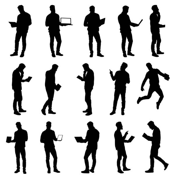 Set of working business man using laptop and tablet silhouettes Set of working business man using laptop and tablet silhouettes. Easy editable layered vector illustration. man presenting white background stock illustrations