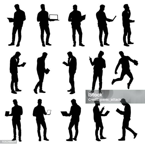 Set Of Working Business Man Using Laptop And Tablet Silhouettes Stock Illustration - Download Image Now