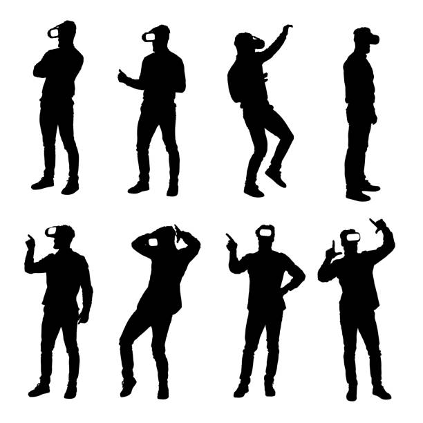 Set of business man silhouettes using virtual reality glasses headset vector art illustration