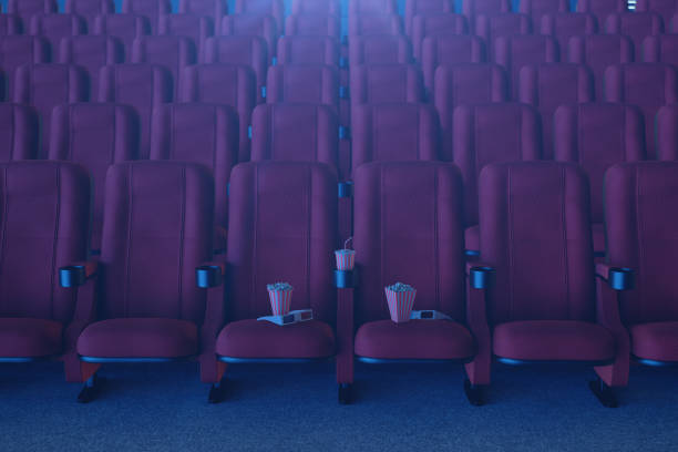 concetto cinematografico con popcorn, bicchieri 3d, popcorn e tazza con un drink. concetto cinematografico con luce blu. sedie rosse nella sala cinema. illustrazione 3d - stage theater theatrical performance curtain seat foto e immagini stock