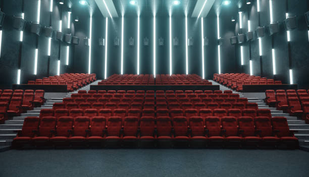 sala cinema con schermo vuoto e sedili vuoti. design moderno con illuminazione sorprendente, illuminazione al neon. sistema audio sulle pareti. sala cinema senza persone. schermo bianco con spazio di copia, illustrazione 3d - blurred motion audio foto e immagini stock