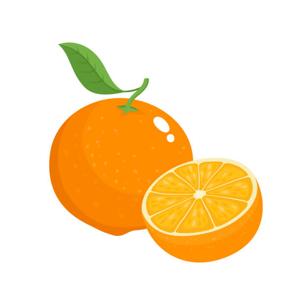 jasny zestaw wektorowy kolorowe soczyste pomarańczowy. - isolated on white orange juice ripe leaf stock illustrations