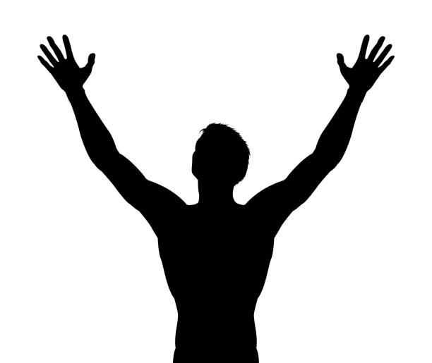 Man Arms Raised Silhouette A silhouette man with arms raised in praise or triumph praise and worship stock illustrations