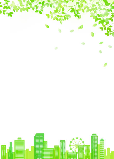stadtbild aus frischen grünen sonnenstrahlen - spring air lush foliage branch stock-grafiken, -clipart, -cartoons und -symbole
