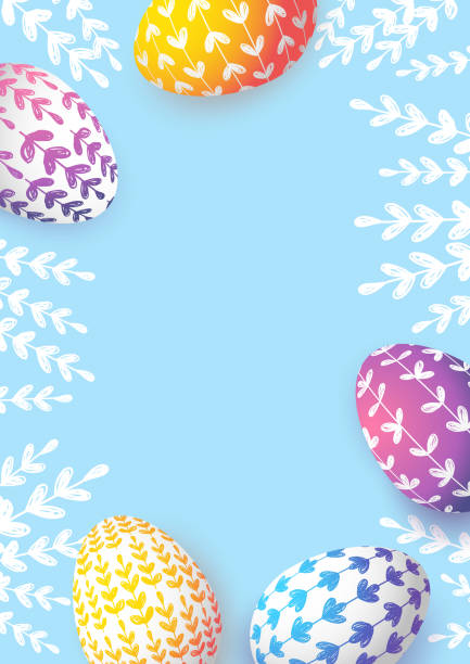 bildbanksillustrationer, clip art samt tecknat material och ikoner med påsk gratulations kort med färg blommor ägg på blå - easter egg