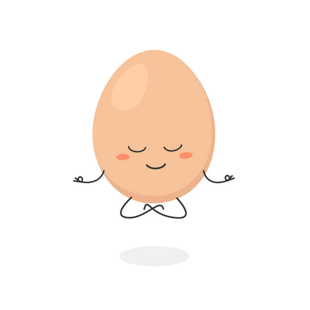 Cartoon egg levitating in lotus pose Funny cartoon egg levitating in lotus pose. Vector flat illustration isolated on white background farm cartoon animal child stock illustrations