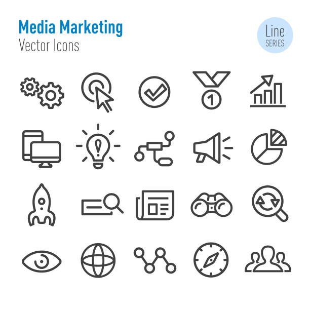 ilustrações de stock, clip art, desenhos animados e ícones de media marketing icons set - vector line series - search engine marketing white background internet