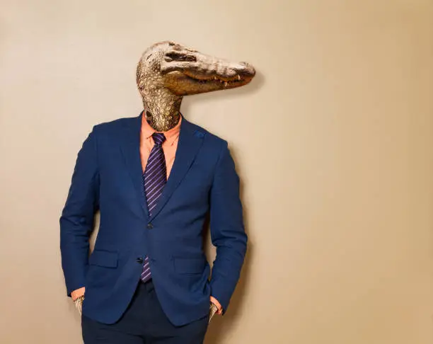 Male alligator in office clothing suit and shirt, dangerous business man concept- mixed media