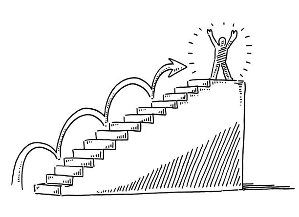 Stairs To Success Human Figure On Top Drawing Hand-drawn vector drawing of a Stairs To Success Human Figure On Top. Black-and-White sketch on a transparent background (.eps-file). Included files are EPS (v10) and Hi-Res JPG. steps illustrations stock illustrations