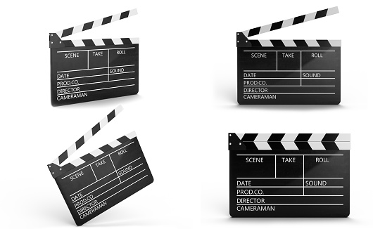Set of closed and open movie clapper or clapperboard isolated on white background. Black film clapper with fields for your text. The subject of the film industry, 3D Illustration