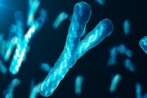 Y-Chromosomes with DNA carrying the genetic code. Genetics concept, medicine concept. Future, genetic mutations. Changing the genetic code at the biological level, 3D illustration