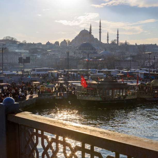 Istanbul, Turkey- Marc 01, 2019: Eminonu square, Suleymaniye Mosque and Galata Bridge in Istanbul City view from Karakoy