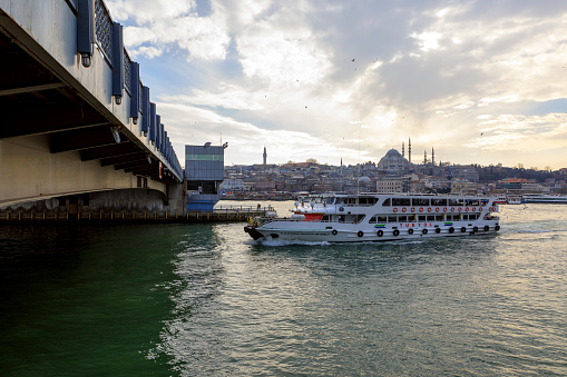 Suleymaniye Mosque and Galata Bridge in Istanbul City view from Karakoy on Mar 01, 2019.