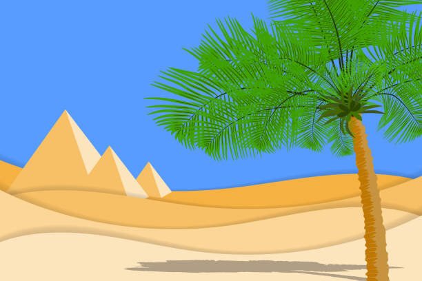 istock Desert landscape with palms, sand desert and pyramids. Paper cut shapes and layers as desert design 1135301597