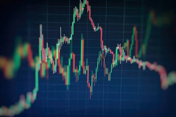 istock Technical price graph and indicator, red and green candlestick chart on blue theme screen, market volatility, up and down trend. Stock trading, crypto currency background. 1135304043