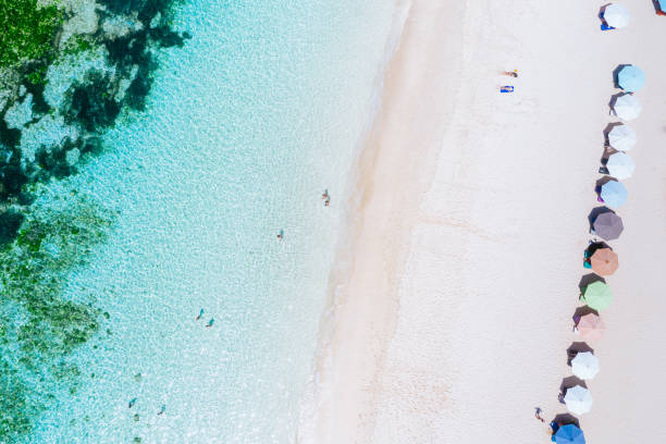 istock Beach umbrellas and blue ocean. Beach scene from above 1135304188