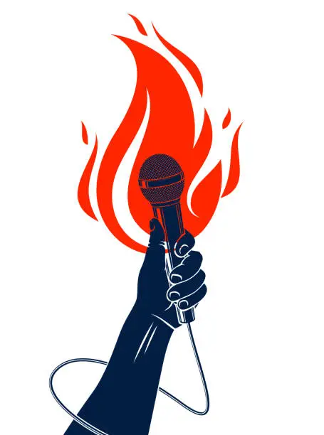 Vector illustration of Microphone in hand on fire, hot mic in flames live show, rap battle rhymes music, concert festival or night club label, karaoke singing or standup comedy, vector, t-shirt print.