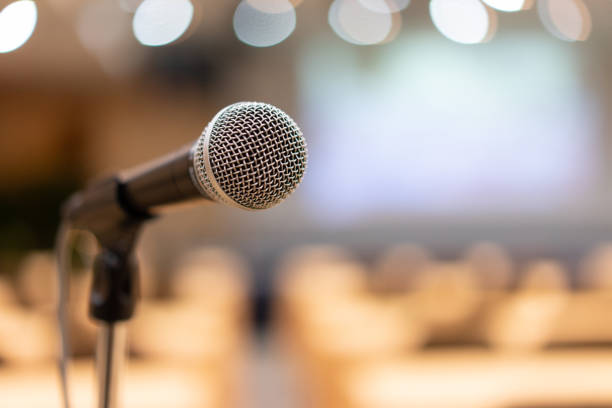 istock Microphone in the meeting room, where the light is bright 1135307800
