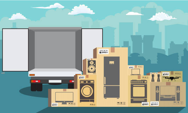 istock Delivery service. Delivery truck over cityscape with stack of carton boxes. Flat style, vector illustration. 1135310671
