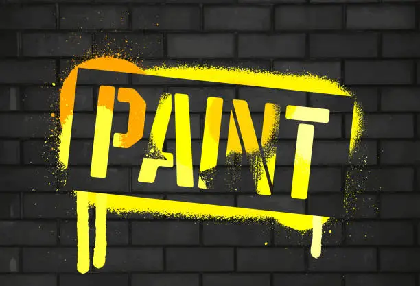 Vector illustration of Stencil Paint inscription. Color graffiti print black brick wall. Vector design street art