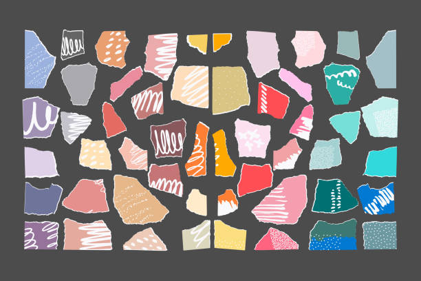 Colorful paper cut pieces. Set of shapes and hand drawn textures. vector art illustration