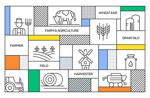농장과 농업 개념입니다. 농장 및 농업 라인 아이콘 기하학적 복고풍 스타일 배너 및 포스터 개념 - agricultural machinery retro revival summer farm stock illustrations