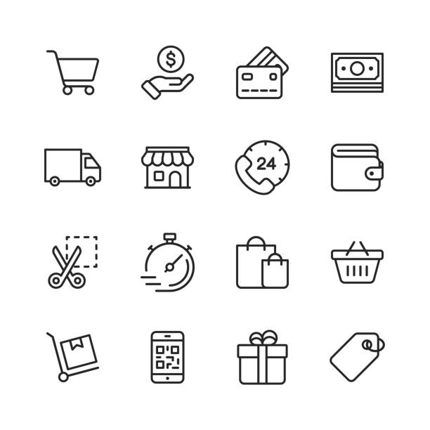 Shopping and E-commerce Line Icons. Editable Stroke. Pixel Perfect. For Mobile and Web. Contains such icons as Credit Card, E-commerce, Online Payments, Shipping, Discount. 16 Shopping and E-commerce Line Icons. store stock illustrations