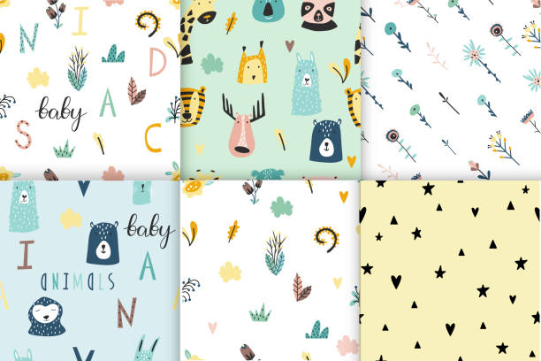 Safari baby animals seamless funny patterns collection. Safari baby animals seamless funny patterns collection. Set of vector kid print. Hand drawn doodle illustrations in scandinavian style. how to draw a moose drawing stock illustrations