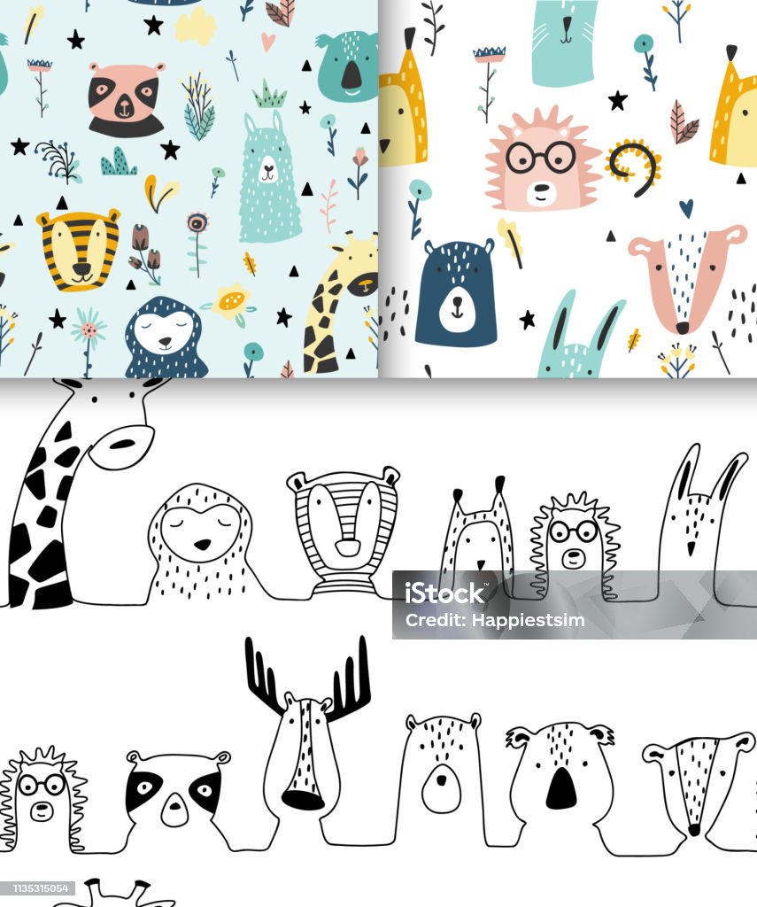 Safari baby animals seamless funny patterns collection. Safari baby animals seamless funny patterns collection. Set of vector kid print. Hand drawn doodle illustrations in scandinavian style. Baby - Human Age stock vector