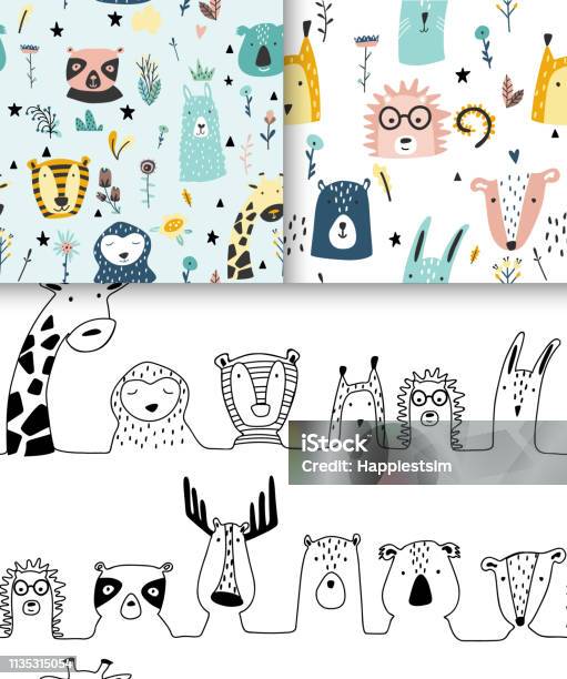 Safari Baby Animals Seamless Funny Patterns Collection Stock Illustration - Download Image Now