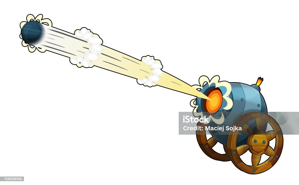 Cartoon cannon shooting steel ball on white background Cartoon cannon shooting steel ball on white background - illustration for the children Ammunition stock illustration
