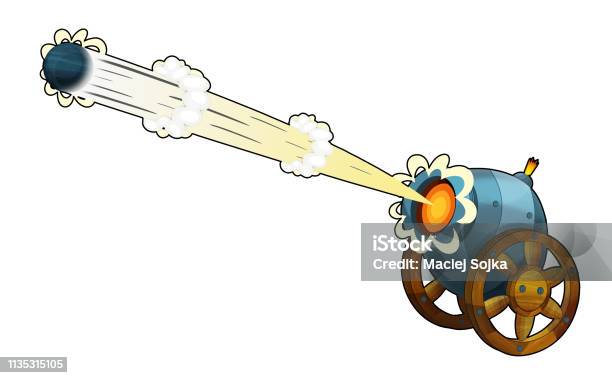 Cartoon Cannon Shooting Steel Ball On White Background Stock Illustration - Download Image Now