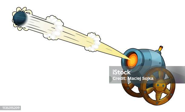 Cartoon Cannon Shooting Steel Ball On White Background Stock Illustration - Download Image Now