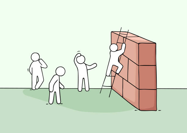 эскиз маленьких людей с бариером. - staircase determination goal high up stock illustrations