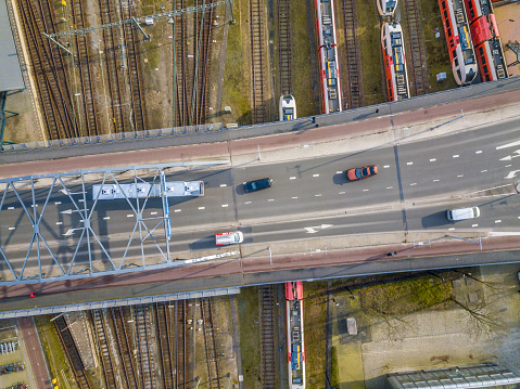 Bridge crossing railroad in Station area in Groningen city, Netherlands