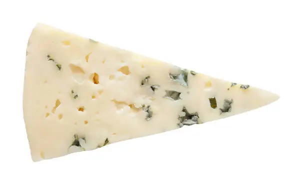 Blue cheese slice cut isolated on white background with clipping path.