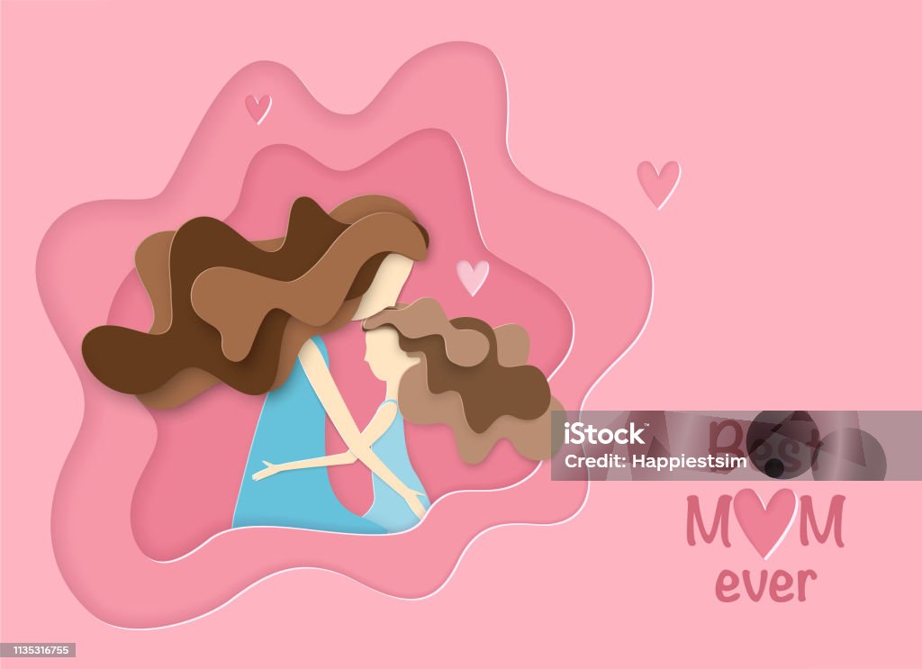 Mother and daughter hugging in pink background. Mother and daughter hugging in pink background. Paper art style woman's day card. Happy family in mother's day. Mother's Day stock vector