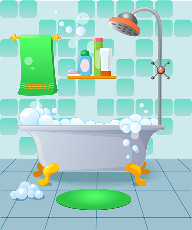 Cartoon Bathroom Interior In Blue And Green Color Stock Illustration -  Download Image Now - Bathroom, Bathtub, Blue - iStock