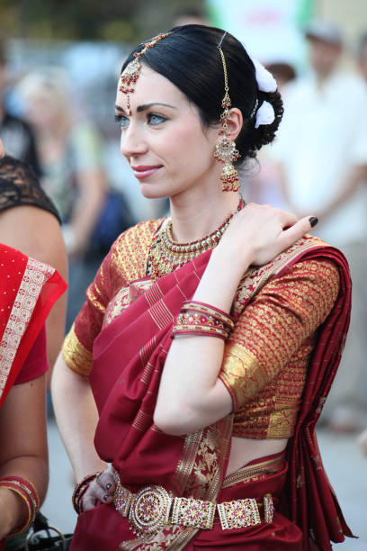 RIVNE, UKRAINE, AUGUST, 21, 2010: Beautiful woman in Indian sari costume. People are celebrating the Fest of Yoga and Vedic Culture. A Hindu festival dedicated to the Sun God 21st August, 2010,Ukraine