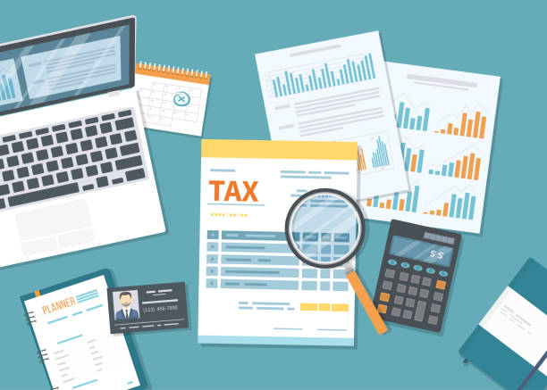 ilustrações de stock, clip art, desenhos animados e ícones de tax payment concept. state government taxation, calculation of tax return. tax form with paper documents, forms, calendar, laptop, calculator. pay the bills, invoices, payrolls. vector illustration. - tax financial figures analyzing banking document