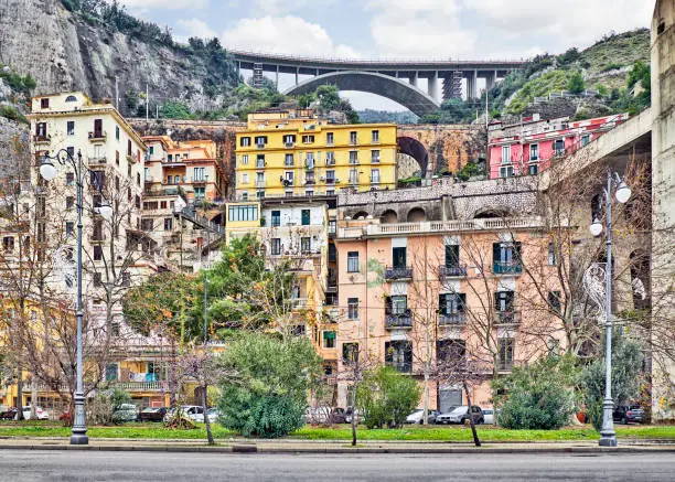 View of housing and a bridge in Salerno, Italy.