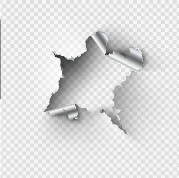 Vector illustration of ragged Hole torn in ripped steel metal on transparent background