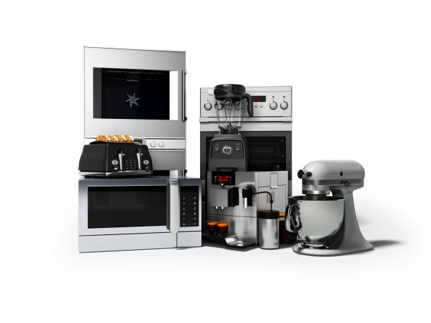 istock Group of household appliances for kitchen toaster coffee maker microwave food processor blender 3d render on white background with shadow 1135321695
