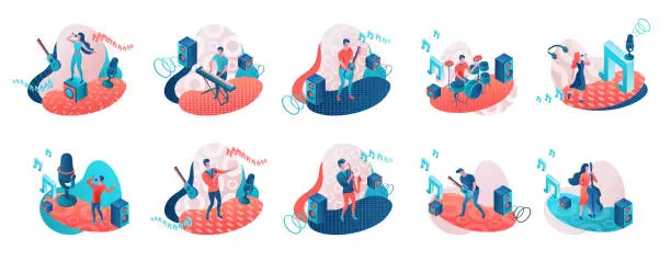 Vector illustration of Musicians 3d isometric set with trendy geometric patterns