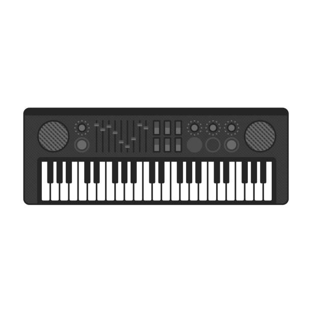 Music synthesizer icon. Music synthesizer in flat style, isolated on white background. Electronic machine DJ equipment. Digital musical instrument. Vector illustration EPS 10. synthesizer stock illustrations