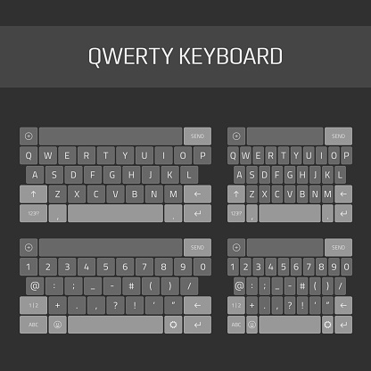 Qwerty keyboard full set. Keyboard of smartphone, alphabet and numbers buttons. Mobile phone keypad vector mock-up. Compact virtual key board for mobile device. Vector illustration EPS 10.