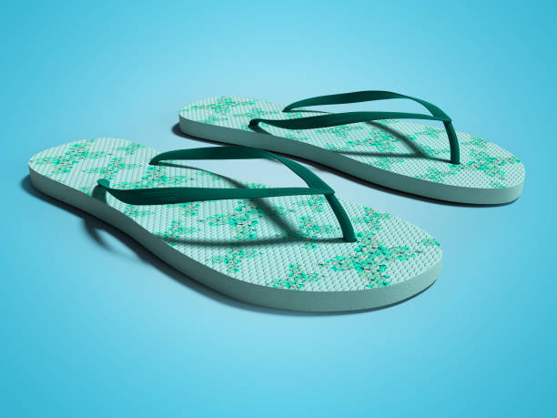 istock Modern blue beach slippers with flowers 3d render on blue background with shadow 1135322728