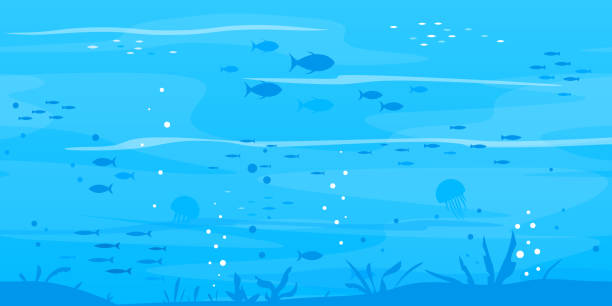 ilustraciones, imágenes clip art, dibujos animados e iconos de stock de fondo submarino con siluetas de peces - en el fondo