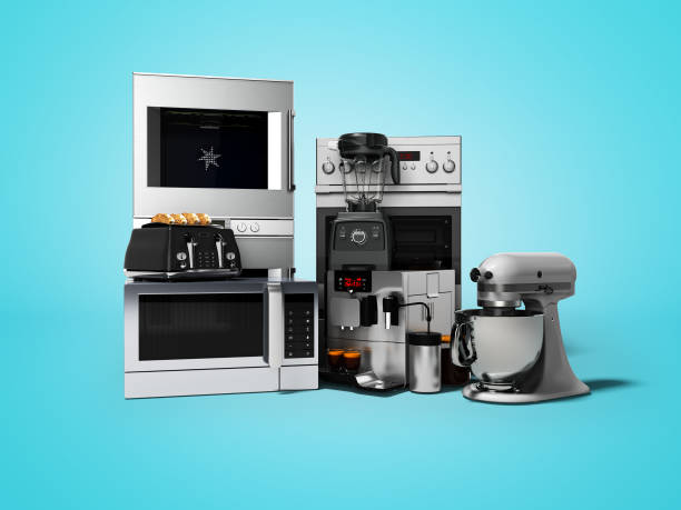 istock Group of household appliances for kitchen toaster coffee maker microwave food processor blender 3d render on blue background with shadow 1135323353